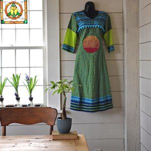 Indian Sun Dress Boho Festival Hippie Colorful Kantha BallFringe Upcycled Kaftan